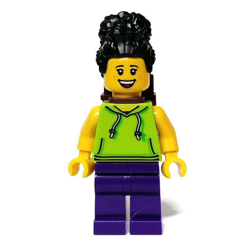 Femme, torse vert citron, jambes pourpre foncé, cheveux noirs (Woman, Lime Torso, Dark Purple Legs, Black Hair)