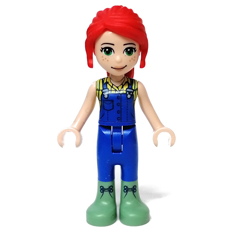 Mia - chemise jaune clair, salopette bleue, bottes vert sable (Mia - Bright Light Yellow Shirt, Blue Overalls, Sand Green Boots)