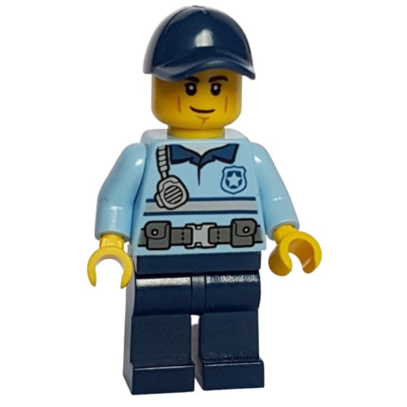 Policier - justin justice - chemise bleu clair lumineux, jambes bleu foncé, casquette bleu foncé (Police Officer - Justin Justice - Bright Light Blue Shirt, Dark Blue Legs, Dark Blue Cap)