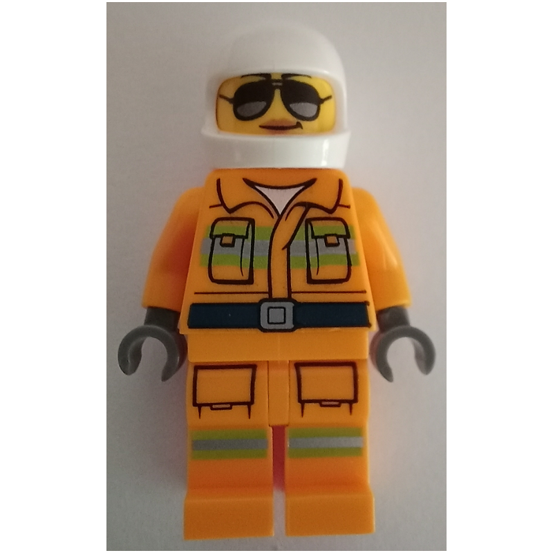 Pompier, tenue de pompier orange clair vif, lunettes de soleil, casque blanc (Firefighter, Bright Light Orange Fire Suit, Sunglasses, White Helmet)