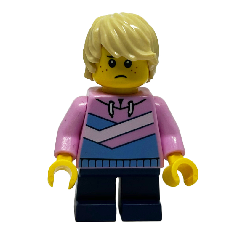 Garçon, veste rose vif, jambes courtes bleu foncé, cheveux beiges (Boy, Bright Pink Jacket, Dark Blue Short Legs, Tan Hair)