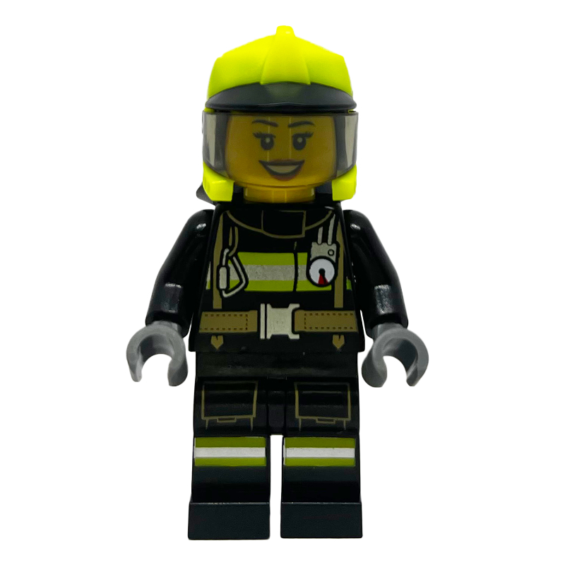 Pompier, tenue de pompier noire, casque jaune éclatant (Firefighter, Black Fire Suit, Vibrant Yellow Helmet)
