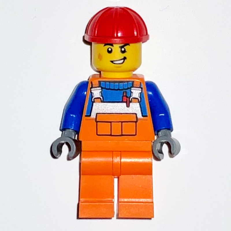 Travailleur de la construction, salopette orange, chapeau dur rouge (Construction Worker, Orange Overalls, Red Hard Hat)