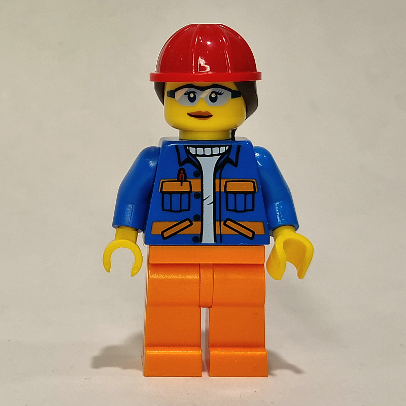 Travailleur de la construction, veste bleue, jambes orange, casque rouge (Construction Worker, Blue Jacket, Orange Legs, Red Helmet)