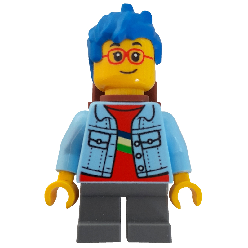 Garçon, veste bleu clair lumineux, cheveux bleus, sac à dos brun rougeâtre (Boy, Bright Light Blue Jacket, Blue Hair, Reddish Brown Backpack)