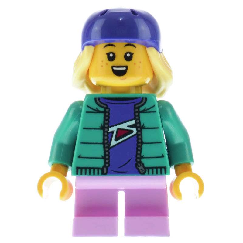 Fille, veste turquoise foncé, casque de vélo violet foncé (Girl, Dark Turquoise Jacket, Dark Purple Bike Helmet)