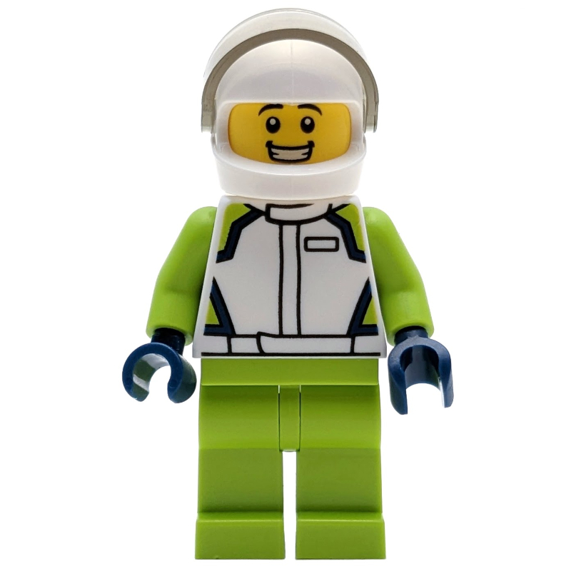 Coureur, veste de course blanche, jambes de vert citron, casque blanc (Racer, White Race Jacket, Lime Legs, White Helmet)