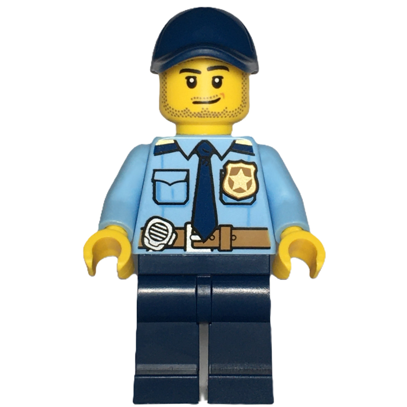 Policier, chemise bleu clair vif, jambes bleu foncé et casquette, barbe naissante (Policeman, Bright Light BLue Shirt, Dark Blue Legs and Cap, Stubble)