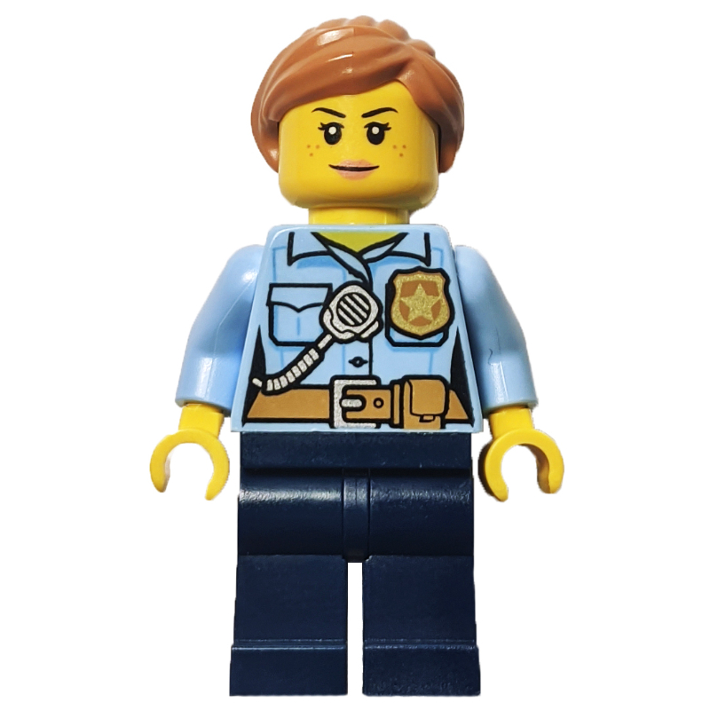 Policière, chemise bleu clair vif, jambes bleu foncé, cheveux nougat moyen (Policewoman, Bright Light Blue Shirt, Dark Blue Legs, Medium Nougat Hair)