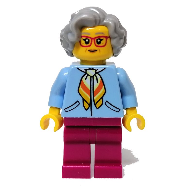 Femme, veste bleu clair vif, jambes magenta, cheveux gris bleuté clair, lunettes rouges (Woman, Bright Light Blue Jacket, Magenta Legs, Light Bluish Gray Hair, Red Glasses)