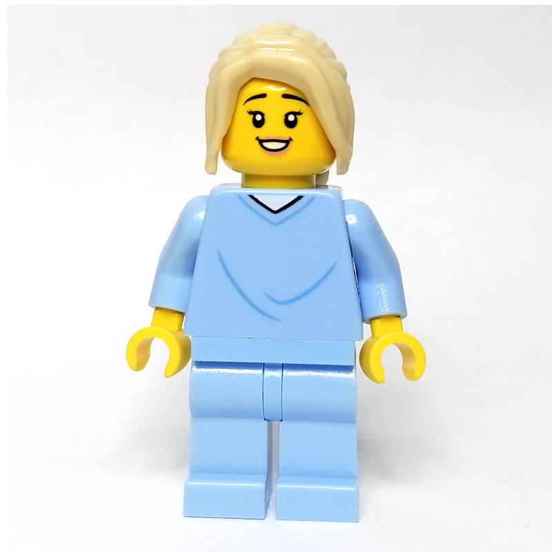 Femme, robe d'hôpital bleu clair vif, cheveux beiges (Woman, Bright Light Blue Hospital Gown, Tan Hair)
