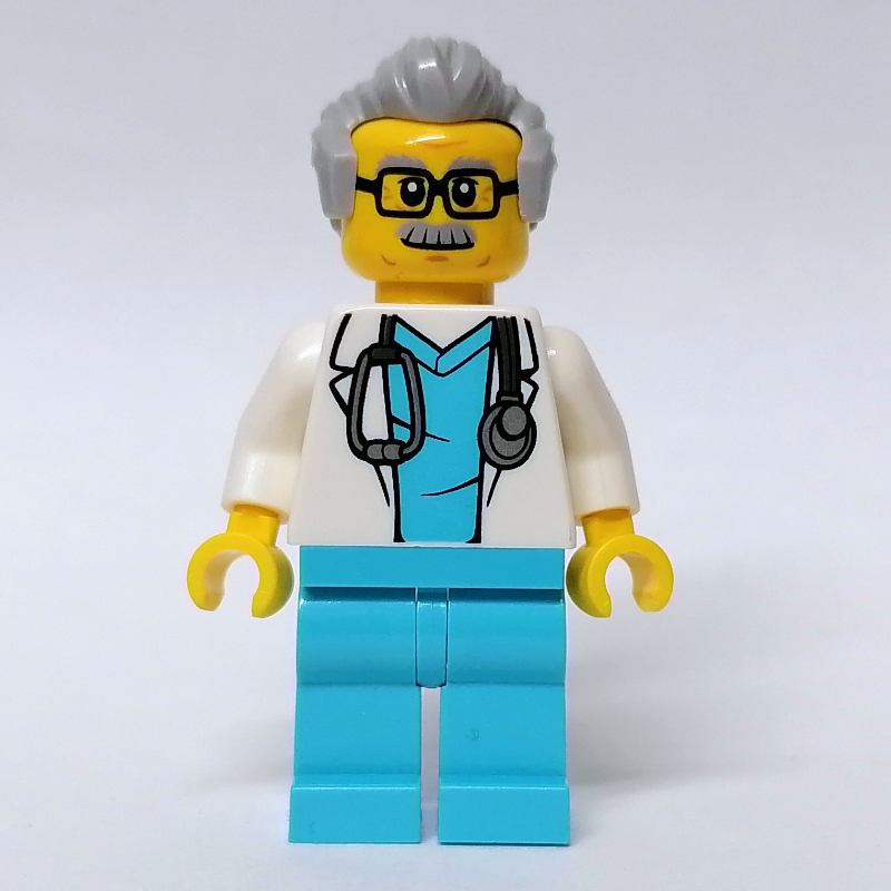 Médecin, manteau blanc, gommages azur moyen, cheveux gris bleuté clair, lunettes (Doctor, White Coat, Medium Azure Scrubs, Light Bluish Gray Hair, Glasses)