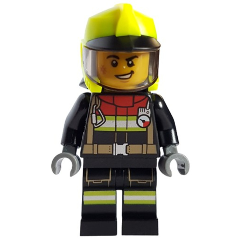 Pompier, tenue de pompier noire, casque jaune éclatant (Firefighter, Black Fire Suit, Vibrant Yellow Helmet)