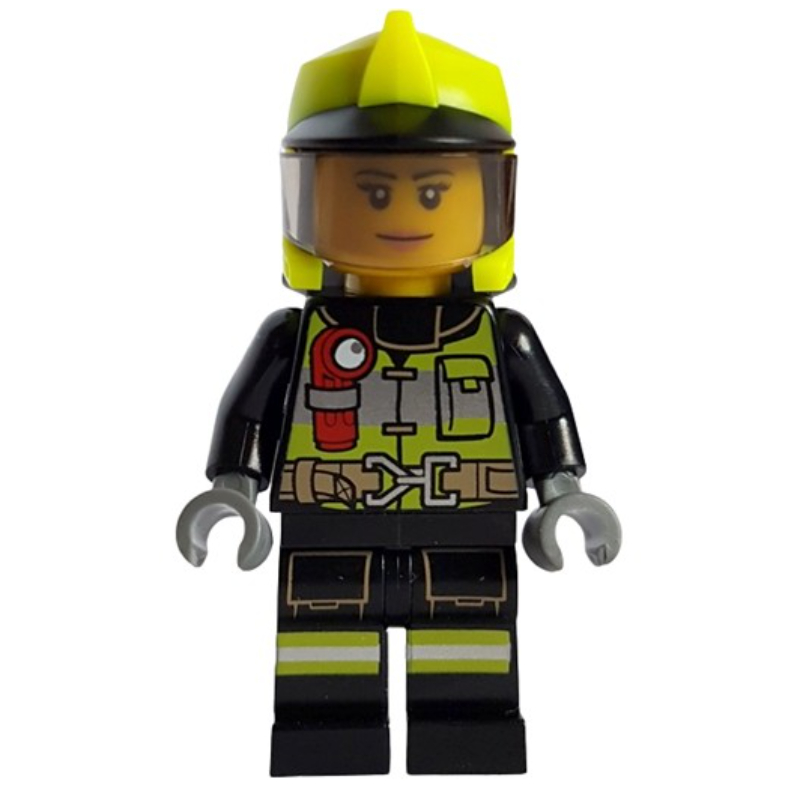 Pompier, tenue de pompier noire, casque jaune éclatant (Firefighter, Black Fire Suit, Vibrant Yellow Helmet)