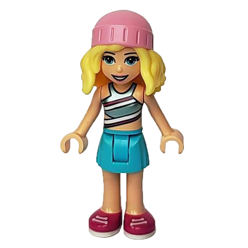Stephanie — haut argenté, jupe azur moyen, chapeau rose vif (Stephanie - Silver Top, Medium Azure Skirt, Bright Pink Hat)