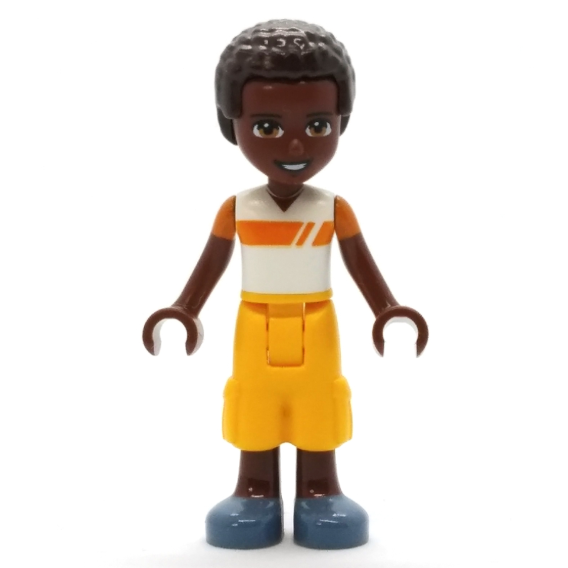 Elijah - chemise blanche/orange, pantalon orange clair lumineux, cheveux brun foncé (Elijah - White/Orange Shirt, Bright Light Orange Pants, Dark Brown Hair)
