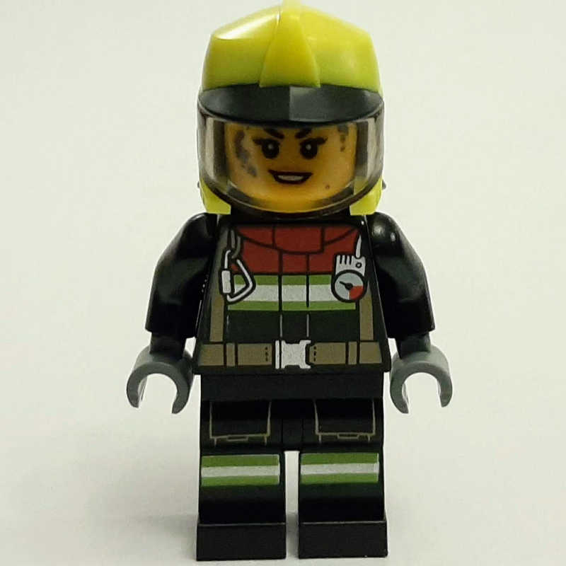 Pompier, tenue de pompier noire, casque jaune éclatant, visage sale (Firefighter, Black Fire Suit, Vibrant Yellow Helmet, Dirty Face)