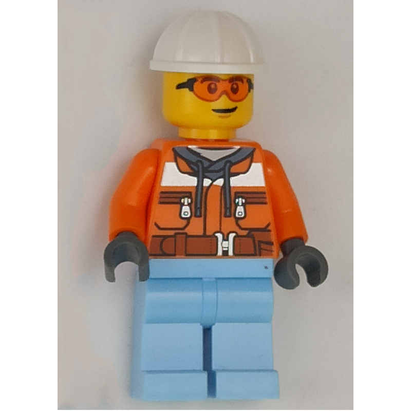 Ouvrier de chantier, veste de sécurité orange, jambes bleu clair vif, casque de chantier blanc (Construction Worker, Orange Safety Jacket, Bright Light Blue Legs, White Hard Hat)