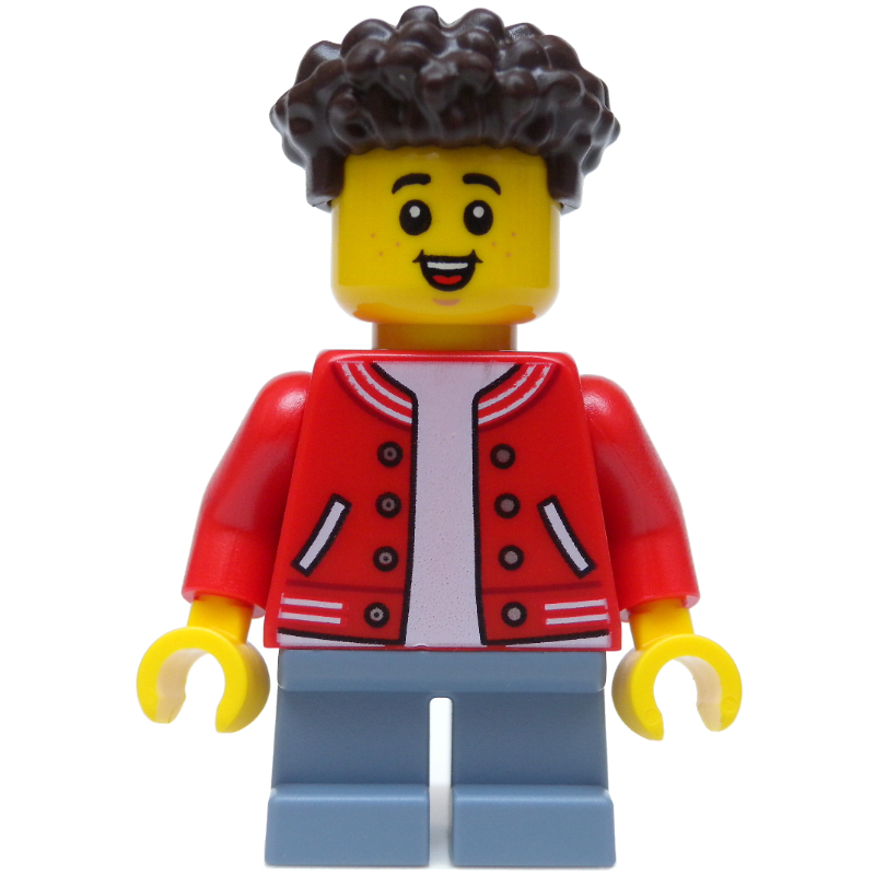 Garçon, veste rouge, courtes jambes bleu sable, cheveux brun foncé (Boy, Red Jacket, Short Sand Blue Legs, Dark Brown Hair)