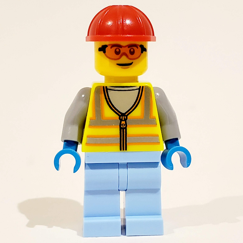 Homme, gilet de sécurité jaune vibrant, jambes bleu clair vif, casque de chantier rouge (Man, Vibrant Yellow Safety Vest, Bright Light Blue Legs, Red Hard Hat)