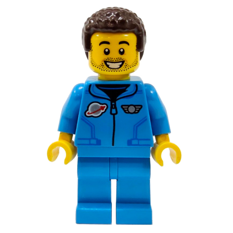 Homme, survêtement azur foncé avec logo de l'espace classique, cheveux brun foncé, barbe naissante (Man, Dark Azure Tracksuit with Classic Space Logo, Dark Brown Hair, Stubble)