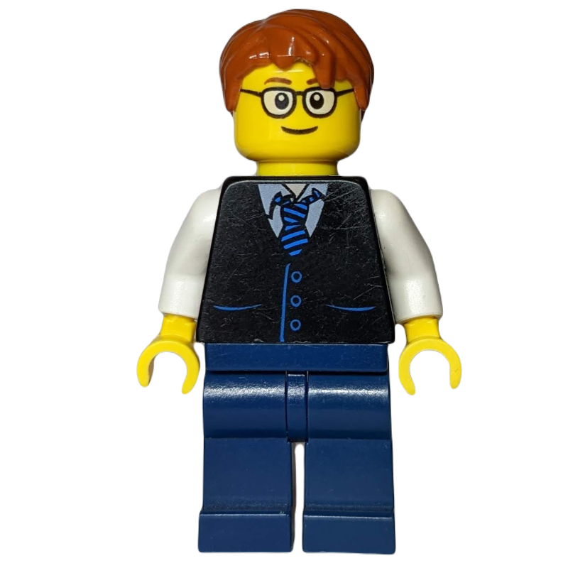 Torse noir, jambes bleu foncé, cheveux orange foncé - verres arrondis (Black Torso, Dark Blue Legs, Dark Orange Hair - Rounded Glasses)