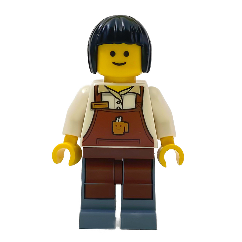 Barista, torse blanc, tablier brun rougeâtre, jambes bleu sable (Barista, White Torso, Reddish Brown Apron, Sand Blue Legs)