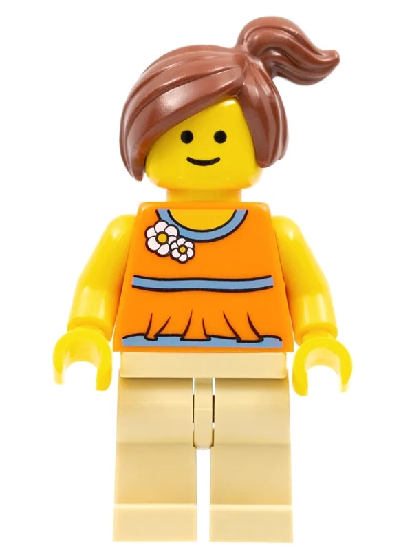 Torse orange, jambes beiges, cheveux brun rougeâtre (Orange Torso, Tan Legs, Reddish Brown Hair)
