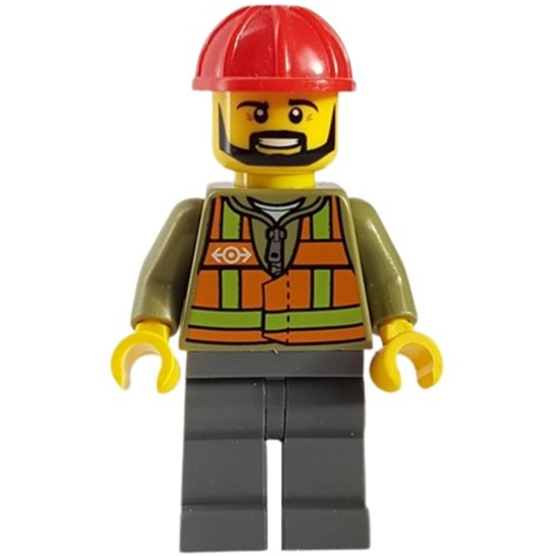 Employé ferroviaire, gilet de sécurité orange avec logo du train sur le sweat à capuche vert olive, jambes gris bleuté foncé, casque de chantier rouge, barbe noire (Train Worker, Orange Safety Vest with Train Logo over Olive Green Hoodie, Dark Bluish Gray Legs, Red Hard Hat, Black Beard)