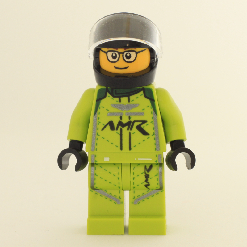 Pilote de course, combinaison de course vert citron, casque noir, lunettes (Race Driver, Lime Racing Suit, Black Helmet, Glasses)