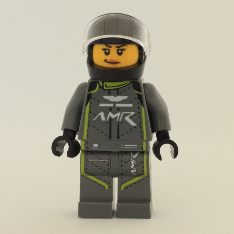 Pilote de course, costume de course gris bleuté foncé avec garniture de vert citron, casque noir (Race Driver, Dark Bluish Gray Racing Suit with Lime Trim, Black Helmet)