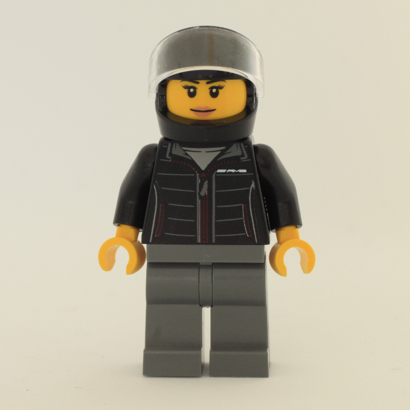 Pilote de course, veste noire, jambes gris bleuté foncé, casque noir (Race Driver, Black Jacket, Dark Bluish Gray Legs, Black Helmet)