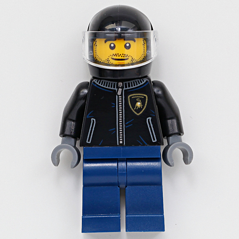 Pilote de course, veste de course noire, jambes bleu foncé, casque noir, barbe naissante (Race Driver, Black Racing Jacket, Dark Blue Legs, Black Helmet, Stubble)