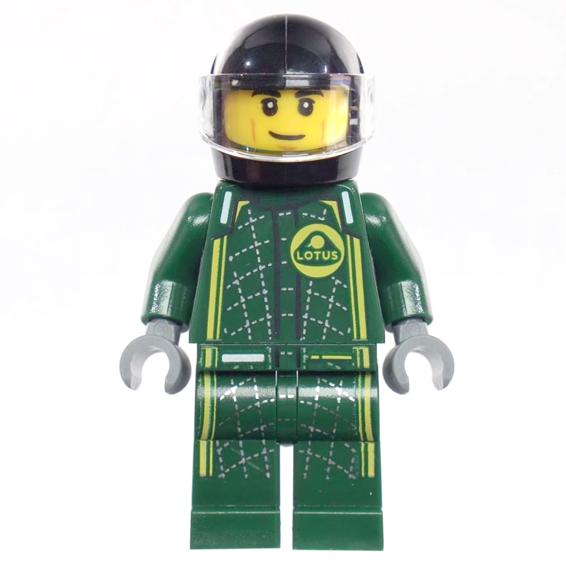 Pilote de course, costume de course lotus vert foncé, casque noir (Race Driver, Dark Green Lotus Racing Suit, Black Helmet)