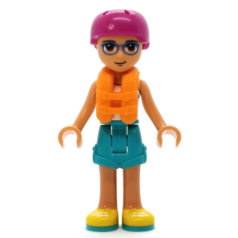 Sebastian - haut blanc, short turquoise foncé, casque magenta, gilet de sauvetage orange (Sebastian - White Top, Dark Turquoise Shorts, Magenta Helmet, Orange Life Vest)