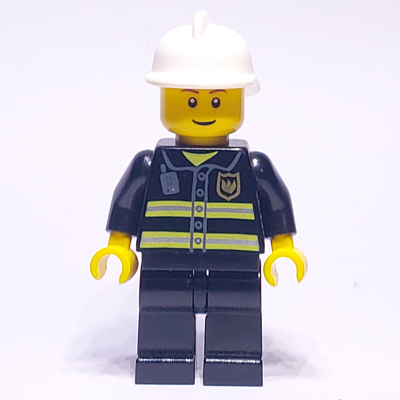 Pompier, veste de feu noir avec radio et badge, casque blanc, sourcils bruns rougeâtres (tête 3626c) (Fireman, Black Fire Jacket with Radio and Badge, White Helmet, Reddish Brown Eyebrows (3626c Head))