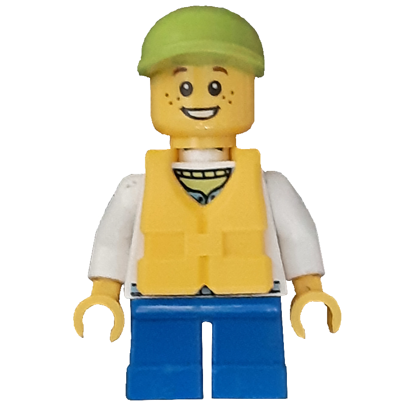 Kid - torse blanc, jambes bleues, casquette vert citron, gilet de sauvetage jaune (Kid - White Torso, Blue Legs, Lime Cap, Yellow Life Vest)