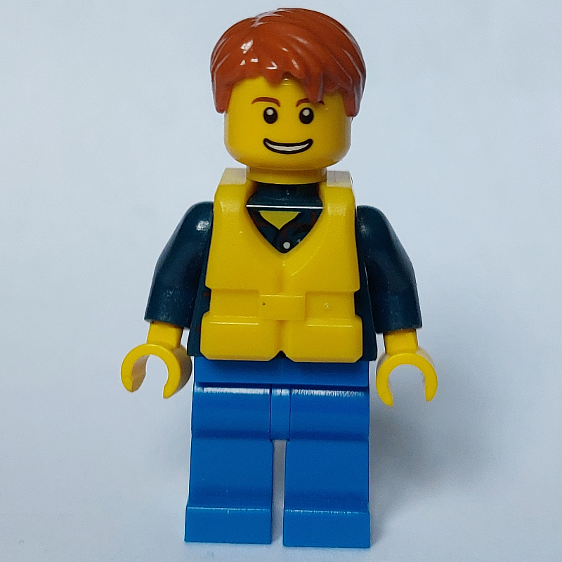 Homme, chemise à carreaux bleu foncé, jambes bleues, cheveux orange foncé, gilet de sauvetage jaune (Man, Dark Blue Plaid Shirt, Blue Legs, Dark Orange Hair, Yellow Life Vest)