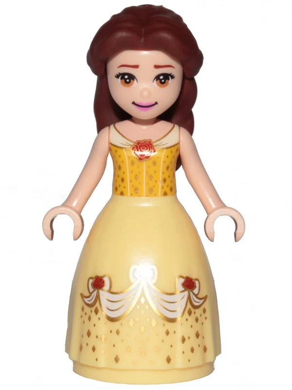 Belle, orange clair vif et robe complète jaune clair vif avec des roses, bouche fermée (Belle, Bright Light Orange and Bright Light Yellow Full Dress with Roses, Closed Mouth)