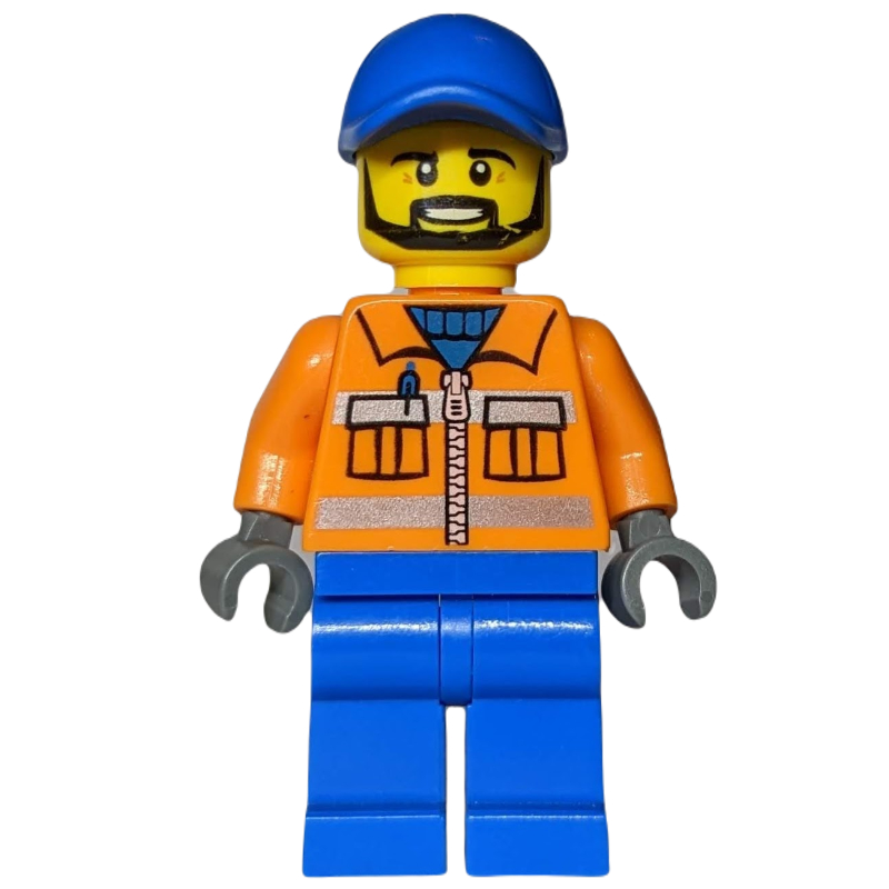 Travailleur - torse orange, jambes bleues, casquette bleue, barbe noire (Worker - Orange Torso, Blue Legs, Blue Cap, Black Beard)