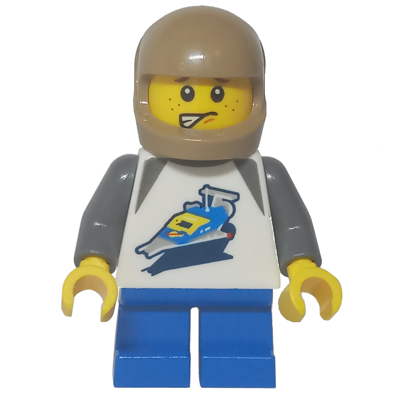 Enfant - torse blanc avec vaisseau spatial classique, jambes bleues, casque beige foncé (Kid - White Torso with Classic Space Ship, Blue Legs, Dark Tan Helmet)