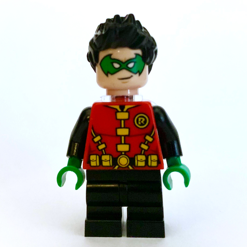 Robin, masque d'œil vert, ceinture utilitaire jaune, courtes jambes noires, support de cou (Robin, Green Eyemask, Yellow Utility Belt, Short Black Legs, Neck Bracket)