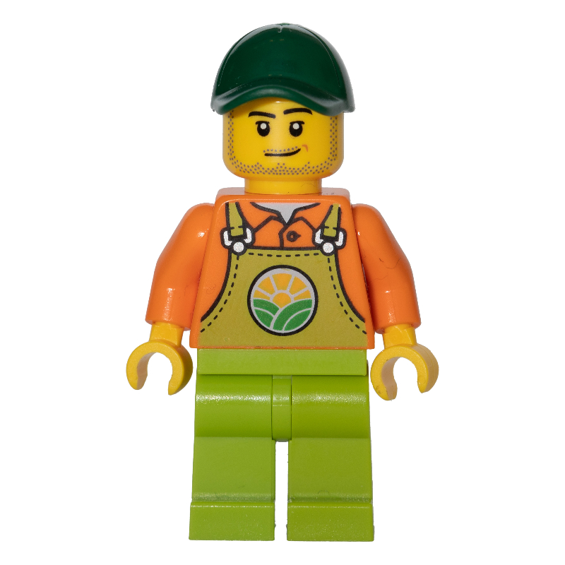 Torse orange, salopette vert citron, casquette vert foncé (Orange Torso, Lime Overall, Dark Green Cap)