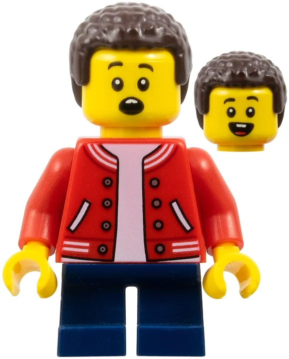 Garçon, veste letterman rouge, jambes bleu foncé (Boy, Red Letterman Jacket, Dark Blue Legs)