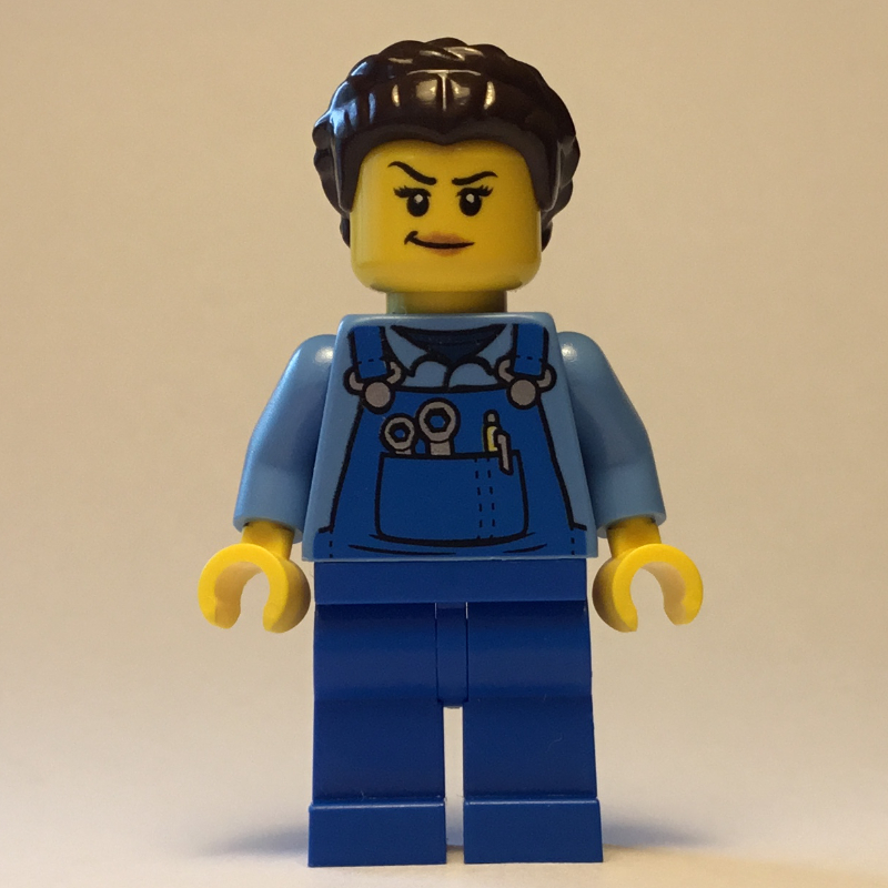 Femme, salopette bleue, cheveux brun foncé (Woman, Blue Overalls, Dark Brown Hair)