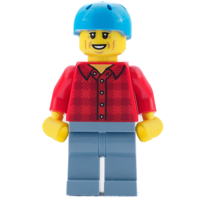 Homme, chemise à carreaux rouge, casque de vélo bleu azur foncé (Man, Red Plaid Shirt, Dark Azure Bike Helmet)