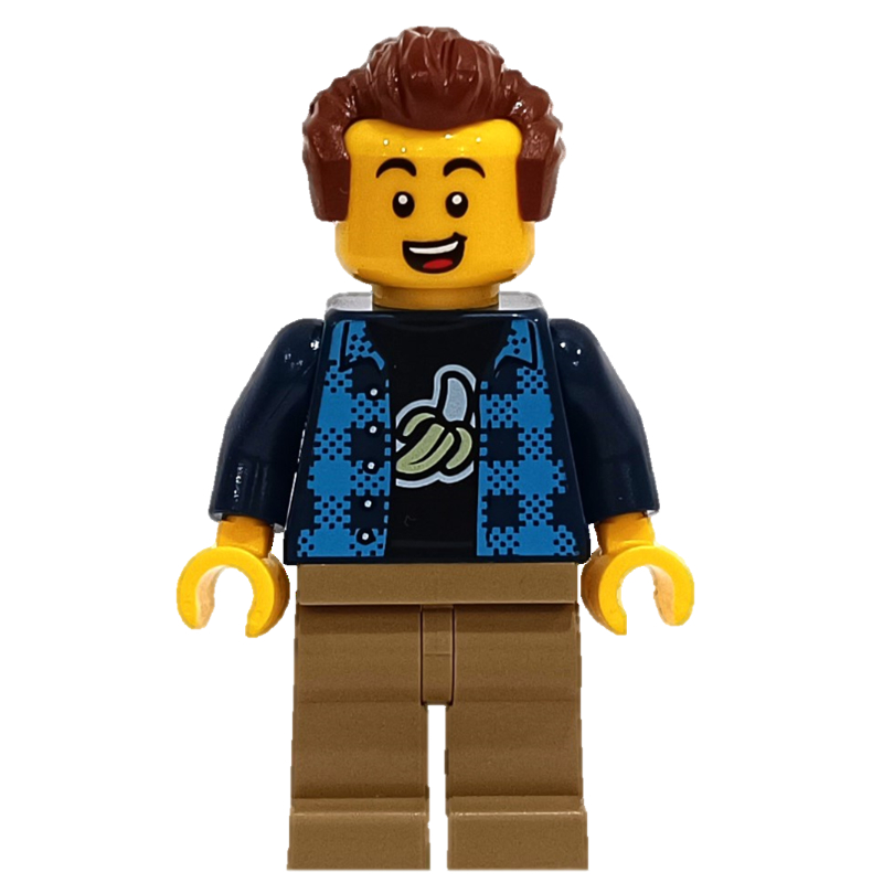 Homme, ouvert chemise à carreaux bleu foncé, jambes beige foncées, cheveux brun rougeâtre (Man, Open Dark Blue Plaid Shirt, Dark Tan Legs, Reddish Brown Hair)