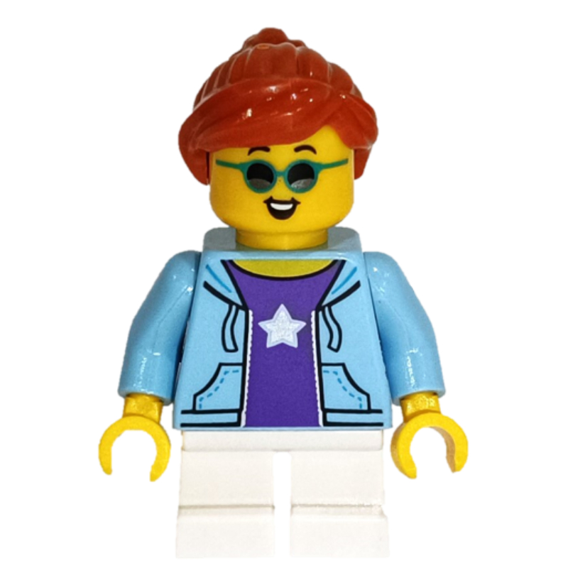 Fille, veste bleu clair vif, courtes jambes blanches, lunettes de soleil (Girl, Bright Light Blue Jacket, Short White Legs, Sunglasses)