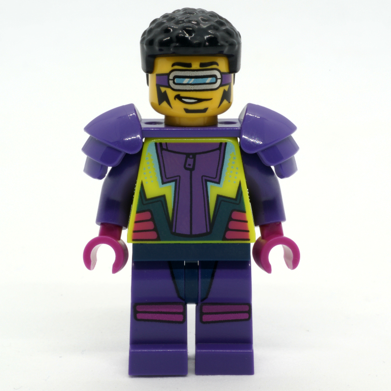 Cascadeur, combinaison jaune éclatant et pourpre foncé, visière (Stunt Rider, Vibrant Yellow and Dark Purple Jumpsuit, Visor)