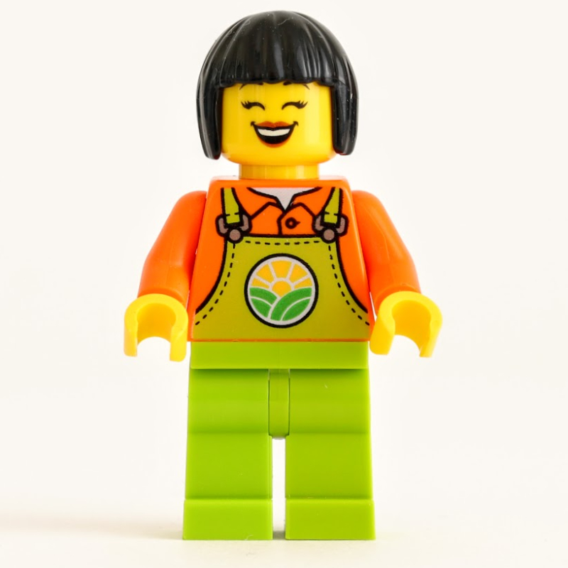 Fermier, femme, salopette vert citron, cheveux noirs (Farmer, Woman, Lime Overalls, Black Hair)